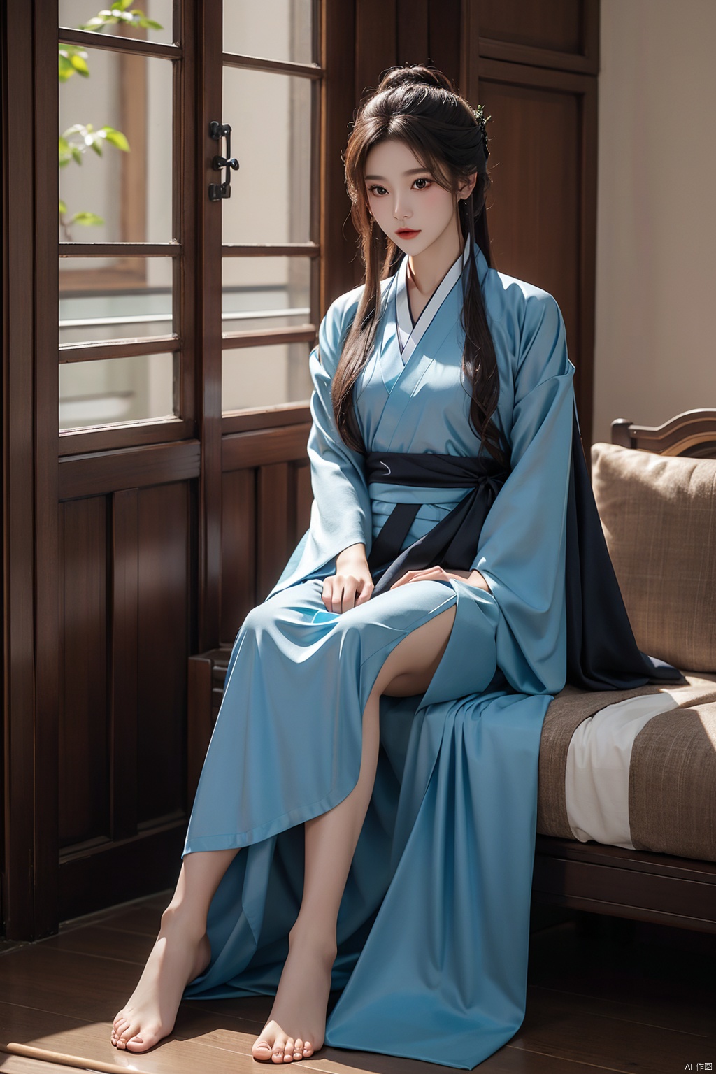  1girl, solo, looking at viewer, long hair, brown hair, hanfu, black hair, long sleeves, sitting, full body, blue hanfu, barefoot, indoors, feet, window, realistic,4k