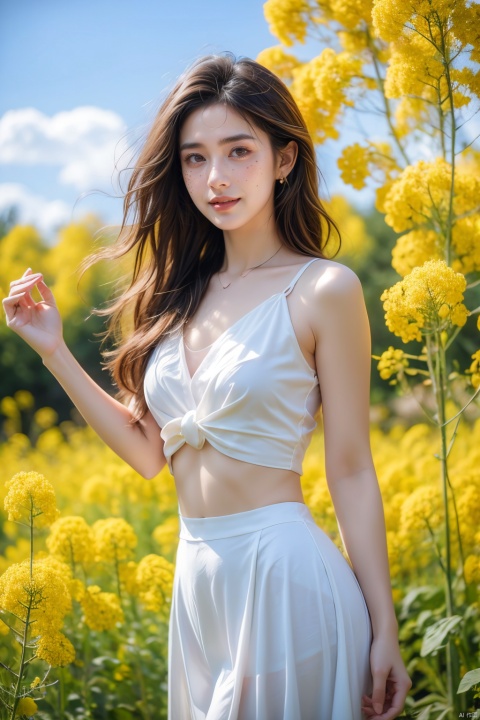  A beautiful woman standing in a blooming rapeseed field, wearing a red qipao, the skirt fluttering gently. Surrounded by golden rapeseed flowers, with gently rolling hills in the distance, the sky is a deep blue with a few white clouds leisurely drifting by. High-definition photo of the most beautiful artwork in the world featuring a lady in white and red dress standing in a sea of golden rapeseed flowers, smiling, freckles, white outfit, red skirt, nostalgia, sexy, dramatic oil painting by Ed Blinkey, Atey Ghailan, Studio Ghibli, by Jeremy Mann, Greg Manchess, Antonio Moro, trending on ArtStation, trending on CGSociety, Intricate, High Detail, Sharp focus, photorealistic painting art by midjourney and greg rutkowski., Light master 4k
