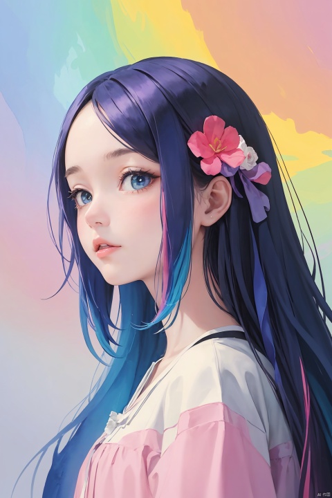  best quality,(masterpiece:1.3),ultra-detailed,1girl,Abstract watercolor painting of a little girl,cowboy shot,scales,rainbow colors ::1,colorful hair,blue and pink tone colors,abstract watercolor painting of cartoon clouds with emoji,rainbow colors,Gradien, medium close-up, close-up, from side