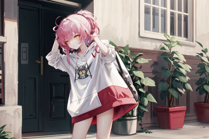  1petite loli, solo.pink hair, long pink hair, (yellow eyes), hair flower, fipped hair, high ponytail, loose over_sized Casual T-shirt, white shirt, hoodie coat, bare legs, slippers;relaxed, one-eye_closed, adjusting hair, looking at viewer, standing.close eye