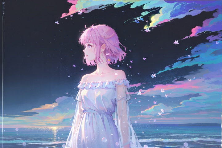  1girl, solo, long hair, dress, bare shoulders, purple eyes, collarbone, upper body, pink hair, parted lips, off shoulder, white dress, floating hair, looking away, wind