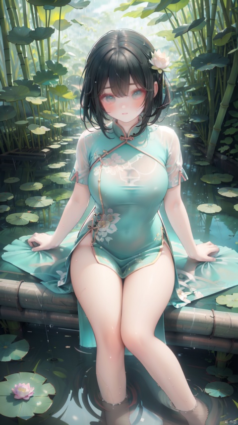  (sunlight, beautiful sky, floating hair, Fisheye lens lens, dynamic angle, distant view, panorama ,overlook,barefoot), ((Ancient_Chinese_architecture)), (short sleeves),with a combination of Morgan colors, Qiu Ying's painting style, And high end color matching, ((A beautiful girl sitting on a bamboo raft in the water, swimming downstream, Huge lotus, rain, (full body), aqua_china_dress)), (bright light,fantasy), ((spotted light)),1 girl, ((black hair, shy, blush)),sex,naked