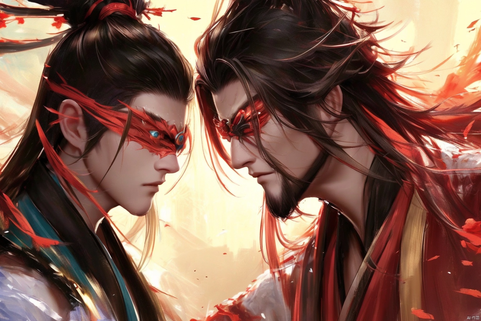 Vision, body, two men fighting, a middle-aged man, a handsome boy, eye contact, side face, special effects, Xianxia Hanfu, high quality, high detail, masterpiece, 8k