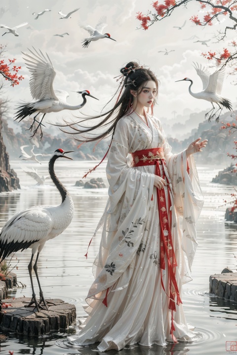  a girl,xianjing,hanfu,crane,full body