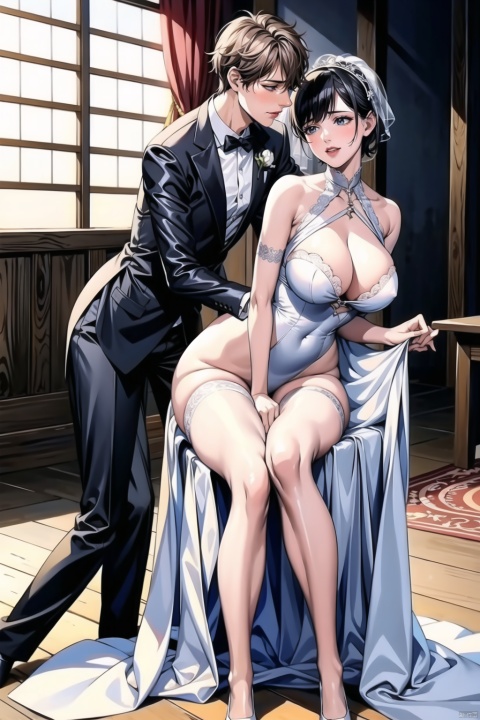  ((masterpiece)), (best quality)), 8k, high detailed, auto-detailed, A mother and her 12-year-old son, the mother in a wedding dress, the son put his arm around the mother's leg, stroking the little hole，nsfw，nude

Mother and son, (black short hair), Two people，slim figure,Wedding dress., black stockings, standing, cuddle， Wedding hall