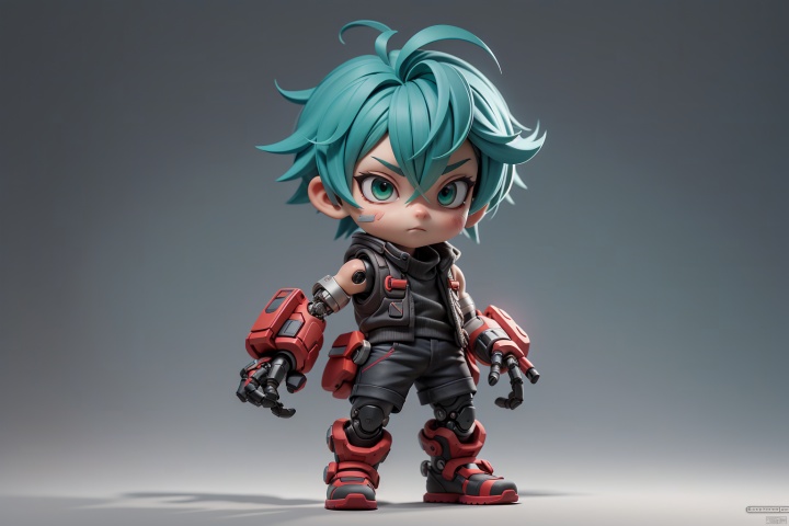  solo, 1boy, standing, full body, male focus, boots, green hair, shorts, character name, vest, bandages, crossed arms, red footwear, science fiction, zoom layer, mechanical arms, cyborg, single mechanical arm, prosthesis, chibi, 1girl