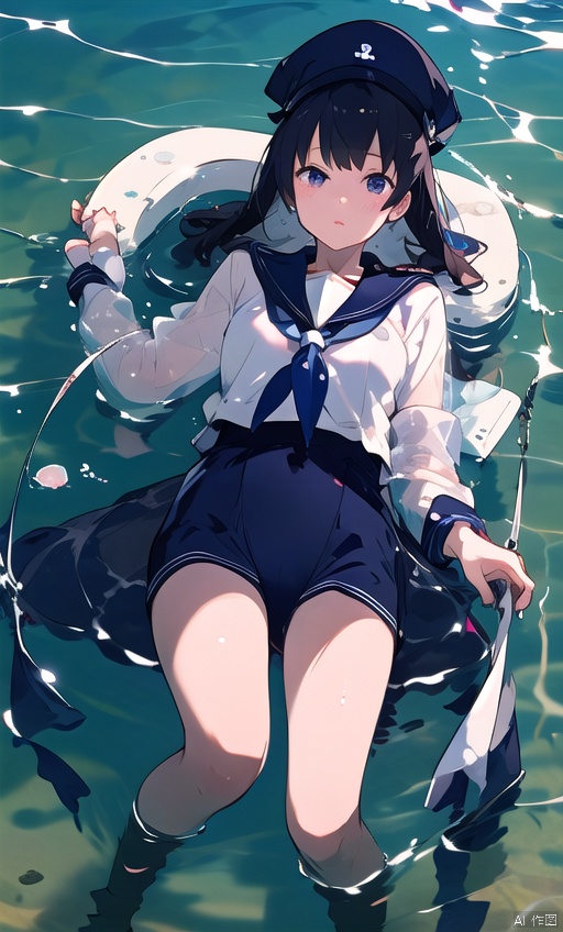 A little girl lying in the water wearing a sailor suit