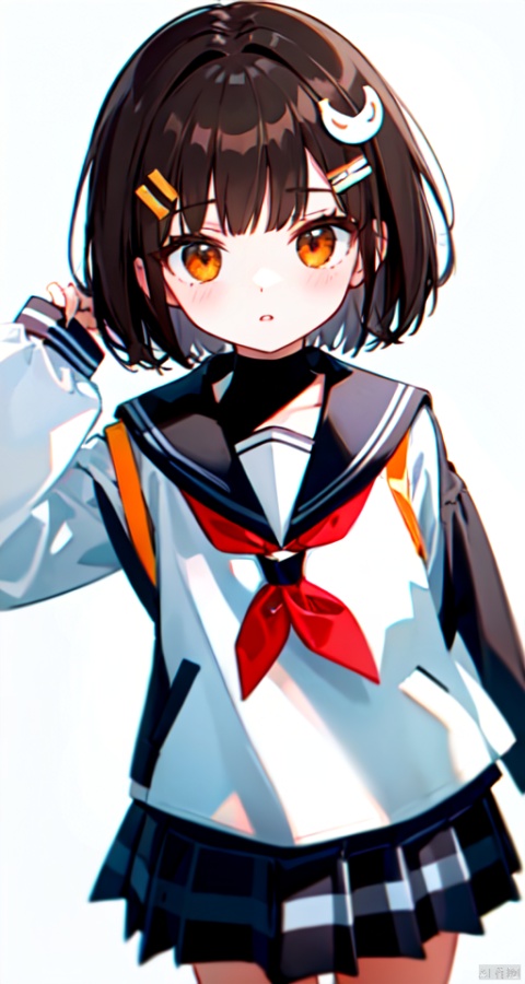  solo, 1girl, sleeves past wrists, school uniform, sleeves past fingers, skirt, simple background, bangs, hair ornament, serafuku, white background, short hair, parted lips, pleated skirt, long sleeves, muted color, neckerchief, brown hair, sailor collar, black skirt, blunt bangs, cowboy shot, orange eyes, black sailor collar, looking at viewer