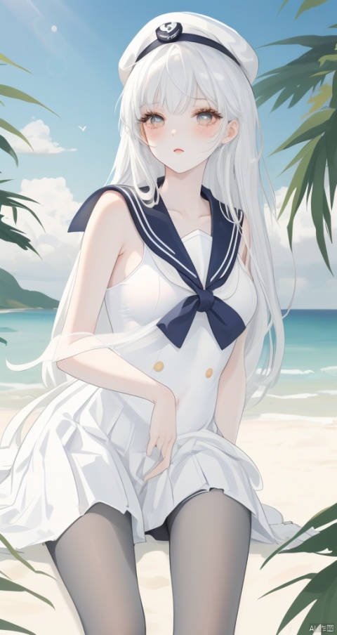 White pantyhose, sailor suit, beach, sitting,