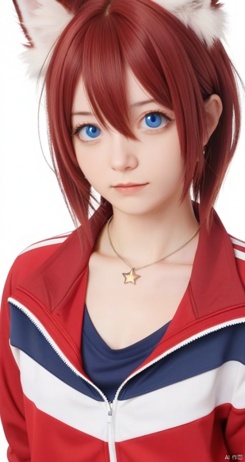 red_jacket, cleavage, white_background, tail, hair_between_eyes, 
looking_at_ viewer, navel, upper_body, closed_mouth, 
star_(symbol), simple_background, medium_breasts, bangs, animal_ear_fluff, blue_eyes, underwear, necklace, jewelry, track jacket, collarbone