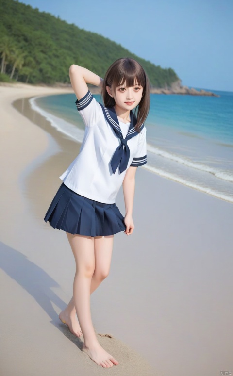 The girl in sailor uniform is on the beach