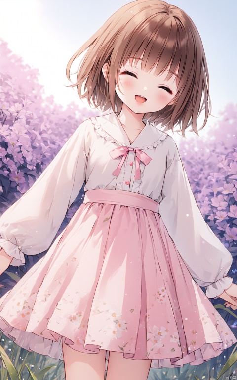  (masterpiece), (best quality), illustration, ultra detailed, hdr, Depth of field, (colorful), loli, artist WERI, loli,1girl, closed eyes, brown hair, solo, short hair, skirt, open mouth, smile, dutch angle, outdoors, shirt, flower, ^_^, long sleeves, floral print