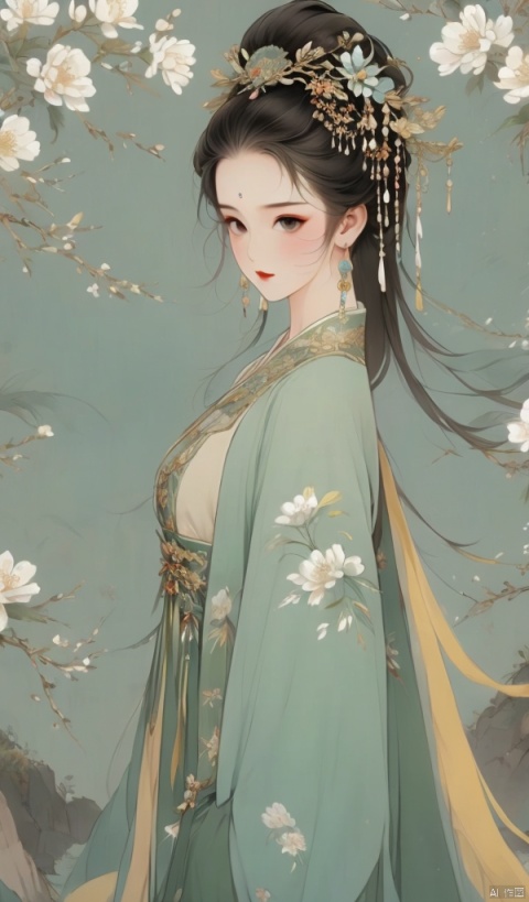 Vertical painting,Black hair and yellow clothes,Ancient Chinese women,A pretty woman,
Abundant body shape,Beauty tip,Chinese classical beauties
Standing in front,Facial delicacy,Chinese Empress
, bpwc,hanfu , hair ornament , chinese clothes,TSChinesestyle