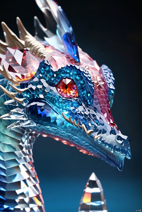 (best quality),((masterpiece)),(highres),illustration,original,extremely detailed,rich-details,masterpiece,High quality,
 made of glass, blind rosey, highly detailed, macro photography, crystal clear, delicate, intricate, colorful reflections, soft lighting, artstation, 4k resolution,dragon,fire,smile,blue,made of glass,see-through,loli, doll, crystal clear, Giant Dragon