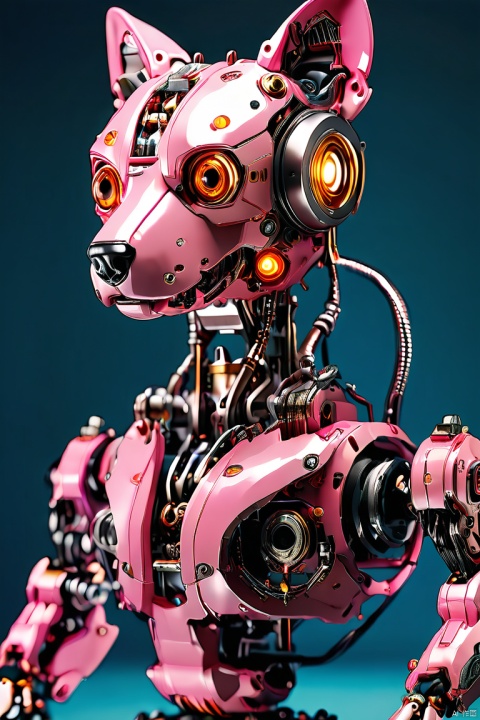 (best quality),((masterpiece)),(highres),illustration,original,extremely detailed,rich-details,masterpiece,High quality,illustration,original,extremely detailed,rich-details,masterpiece,High quality,(full body view),
Pink mechanical dog, Lovely, Pink shell, There are wiring inside, The eye is the lamp, Mechanical spine, A big furry tail, Future robot