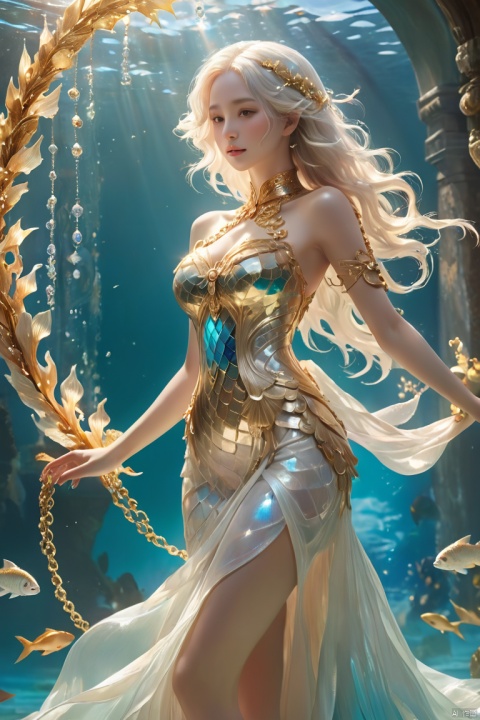 (best quality),((masterpiece)),(highres),illustration,original,extremely detailed,rich-details,masterpiece,High quality,illustration,original,extremely detailed,rich-details,masterpiece,High quality,(full body view),
A male mermaid,just male,full body view,stand,Pure white background,A beautiful face,Snow-white and flawless skin,Gold ornaments,The arms and shoulders are covered with gold chains,There is a sapphire necklace on the chest,Whole body image,Hsien,Oblique,Silver hair,Light spot,Underwater Diving,Turquoise scales,Gradient scales,Golden scales,glaring,Abdominal muscle,Broad shoulder,Buttocks,Translucent fins,Wear a wreath on the head,Float,Lazy,The sun shines brightly,Light and shadow are soft people, (european and american style),(character drawing),, bailing_light element,translucent luminous body, (\shen ming shao nv\)