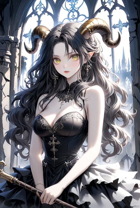  (best quality),((masterpiece)),(highres),illustration,original,extremely detailed,rich-details,masterpiece,High quality,
1girl,black hair,breasts,dress,green eyes,jewelry,long hair,pale skin,solo,yellow eyes,A girl,Goth,Fluffy hair,Wool curls for long hair,Religious eye ornaments on the chest,A pure face,Enchantment,Horns,Huge horns,Curly horns,There are a lot of white bats hanging from the horns,European style,There is battle damage on the weapon,The background is ruins.,The ruins have a European-style glass window,Shine in the light,Particles,Light and shadow,Backlight,Depth of field, (\shen ming shao nv\), licg