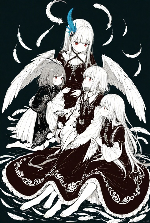 (best quality),((masterpiece)),(highres),illustration,original,extremely detailed,rich-details,masterpiece,High quality,illustration,original,extremely detailed,rich-details,masterpiece,High quality,
(Three girls),full body view,Lovely,Nervous,Shy,Lolita,Three girls hugging each other,(Budgie_Girl),Budgerigar,(The hair is the texture of a feather),There is a cocked feather on the top of the head,Three colors of feathers_ hair for girls,(The arms of the three girls are wings),The wings are uniform with white feathers,Long hair is long feathers,Long hair is long feathers,Blue feather,Yellow feather,Green feather,The feathers have budgie markings,Chinese style,Red skirt,The red dress has delicate simple embroidery,White water-sleeved clothes,There are gold pendants on the sleeves of the clothes,The wings protrude from the sleeves to reveal some of the feathers,Neatly cut feathers_bangs,Fluff _ sideburns of feathers,Upturned tail feathers,Bare foot,Solid color background,