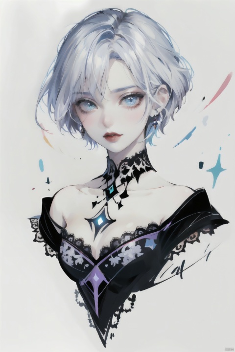 A girl with short hair, blue eyes, and red lips, watercolor \(medium\), Sky Fantasy, long, qzhsws,white_background,concept_art,8k,lineart,lace,