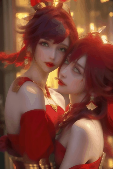 A girl and a boy are kissing ,Bangs, off shoulder, [yellowss|red|blue]hair, red dress, red eyes,chest,gold earrings,gold necklace,green hostadress, gold headdress,floating hair, jewelry, sleeveless, long hair,floating hair,Stare at each other, pierced,energy,flame,magic,golde butterfly