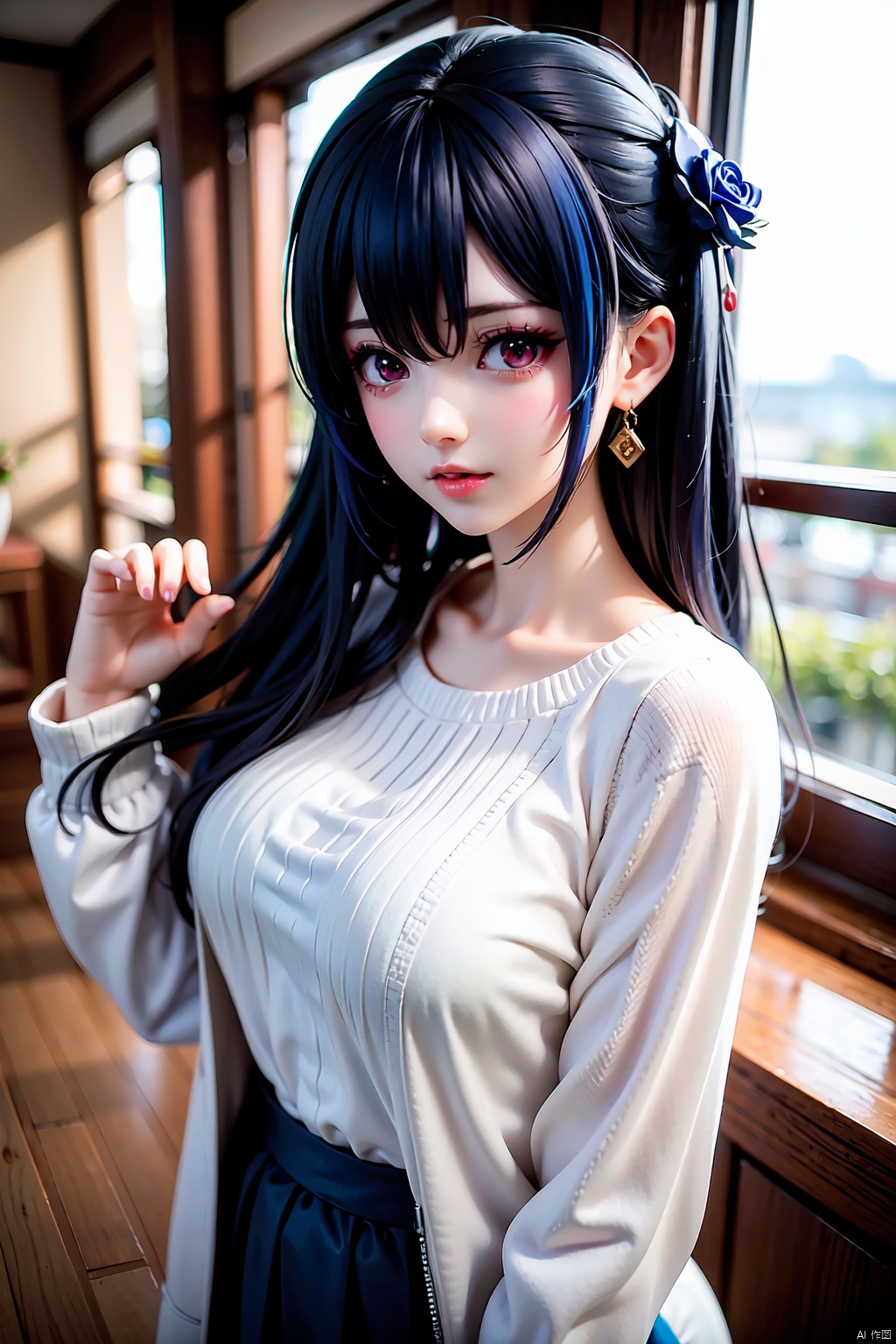 girl, black outside honey midhiam bob, blue  gradation hair color, hair ornament, slender body, casual roomclothes, big size  sweater, can see winter view from window, earring, beautiful face, beautiful eye, focus face, best quality, beautiful face, red eyes, blue hair, dragon girl, monster girl