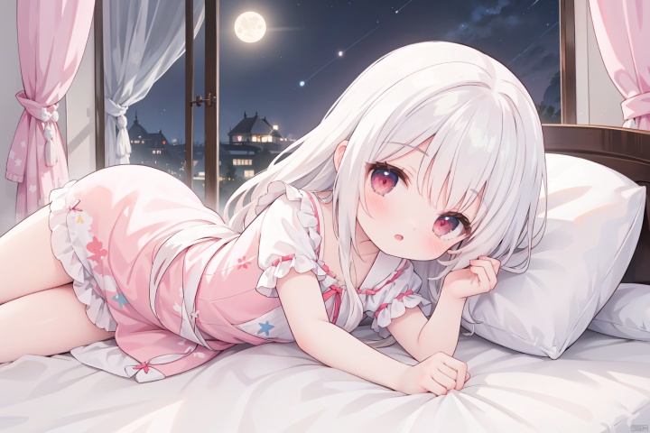 long white hair, red eyes, cute girl, lying in bed, nightgown, pillow, blanket, starry sky, moonlight, window, curtains, loli