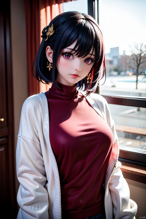 girl, black outside honey midhiam bob, blue  gradation hair color, hair ornament, slender body, casual roomclothes, big size  sweater, can see winter view from window, earring, beautiful face, beautiful eye, focus face, best quality, beautiful face, red eyes, blue hair, dragon girl, monster girl