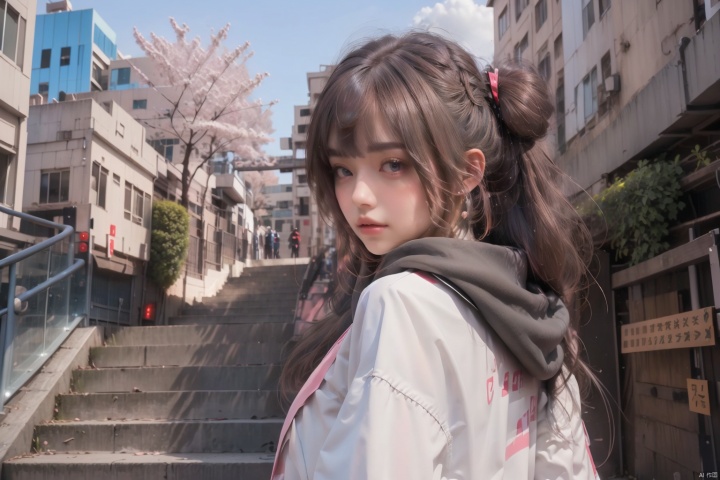masterpiece, best quality, 1girl, details eyes, Beautiful face, delicate eyes, smile, long hair, hair, tree, stairs, standing, sky, cherry blossoms, temple, looking at viewer, upper body, from below, looking back, ((Mecha)), young girl, Cyberpunk, CyberMechaGirl