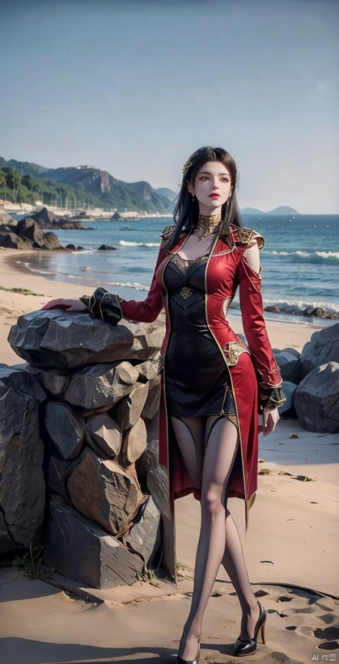  On the beach, a beautiful woman, long hair, full body, standing, upper body wearing a suit, lower body wearing black stockings, feet in red high heels (round at the knee), waiting for someone, high cold royal sister