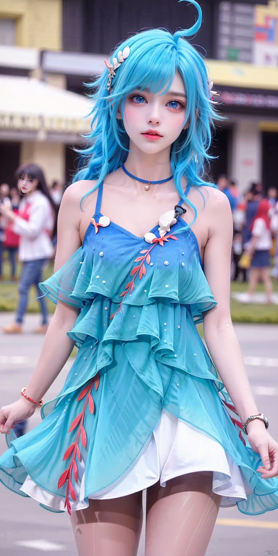  DUOLIYA,1girl,blue hair,dress,long hair,(ahoge:1.3),solo,blue dress,
blue eyes,blue hair,outdoors,jewelry,hair ornament,bracelet,bare shoulders,bare upper_body,
(raw photo:1.2),((photorealistic:1.4))best quality,masterpiece,illustration,an extremely delicate and beautiful,extremely detailed,CG,unity,8k wallpaper,Amazing,finely detail,masterpiece,best quality,official art,extremely detailed CG unity 8k wallpaper,absurdres,incredibly absurdres,huge filesize,ultra-detailed,highres,extremely detailed,beautiful detailed girl,cinematic lighting,1girl,pale skin,tall female,(perfect body shape),skinny body,Slender legs,