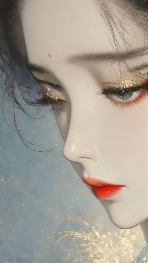 1 Girl, close-up, red lips, long eyelashes, bright big eyes, beautiful sad wallpaper style