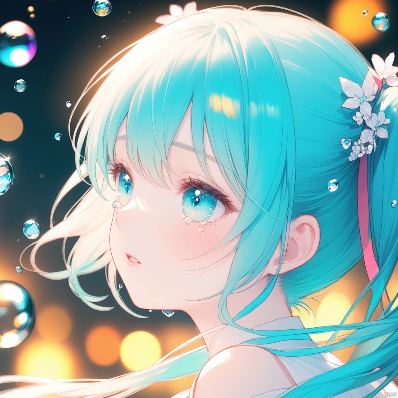 (masterpiece), (best quality), illustration, ultra detailed, hdr, Depth of field, (colorful),1girl, solo, hatsune miku, long hair, twintails, profile, blue hair, crying, tears, bubble, from side, eyelashes, blue eyes, crying with eyes open, blurry, upper body, parted lips, bangs, bokeh, portrait, close-up, water drop, aqua eyes, hair ornament, depth of field, bare shoulders, aqua hair