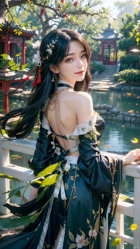  Dynamic pose, dynamic angle,panorama，
(1 girl，Black long hair, (green long skirt：1.2）, exquisite eyes,Forehead marker， tall, with milky white skin, slender waist, slender legs, hair accessories,Medium chest, necklace, jewelry, high heels，Smiling)
(Pavilion，Lfallen leaves，otus，Chinese style courtyard，Small lakes，inverted image，bonsai，waterfall，rock，grass，tree，bridge，Blue sky and white clouds）
(hyperrealism，Ultrawide shot，Soft illumination，Anti-aliasing，Wide-Angle View，Free camera，Ultra Wide Shot，Organic pattern，photography，16K Resolution，Super Clarity，(depth of field：1.4））