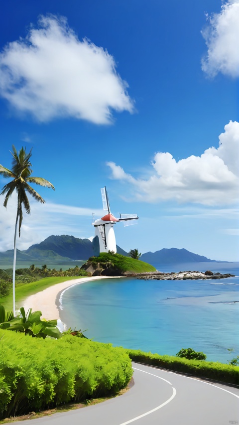 Blue sky and white clouds, Coastal roads, seaside, windmill coast, coconut trees, mountains