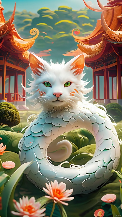 A small white snake with bright green eyes, with a close-up of its eyes. Facing the camera, there are green grass and orange flowers on the ground, with pink petals floating. The sky is red, and there are pavilions and towers in the distance without hair,