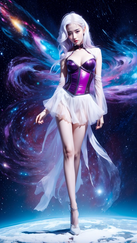  1girl, pink corset,white skirt,white hair,very long hair,Sexy,Sex appeal,navel,full body,(hyper_galaxy:1.4),purple tone,(portrait:1.2), jmai