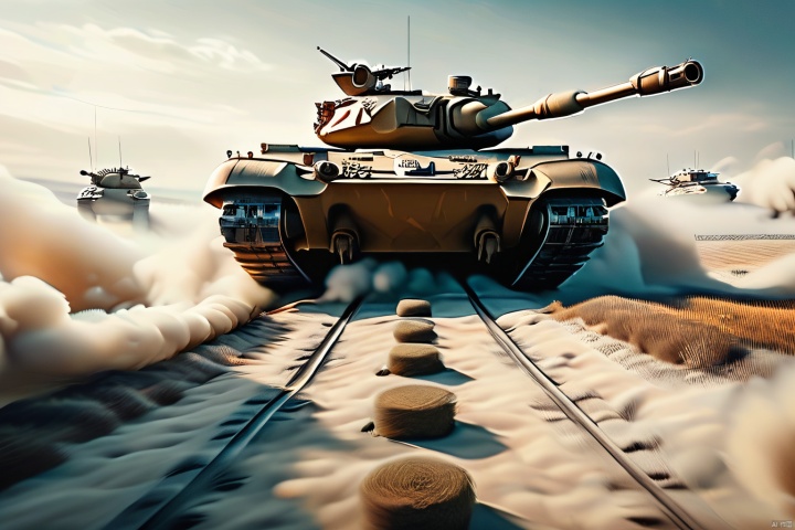  masterpiece, best quality,breathtaking perspectives, movie stills, bold graphics	,overhead shot,((the complete picture of two modern main battle tanks, coming from the front)),with sturdy armor and powerful firepower, wide tracks, towering turrets and thick armor plates, 1 machine gun,as well as patterns and details on the tracks, camouflage coating, metallic texture, background with explosive smoke, scattered shells, and enemy tanks in the distance