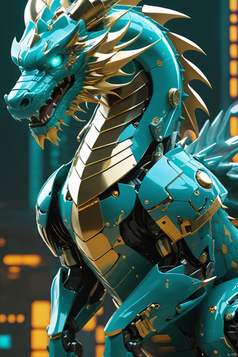 A Chinese cyan dragon, mecha, the whole body,There are golden scales on the chest,on all fours,facing the viewer,surround by the cyberpunk background, circuit