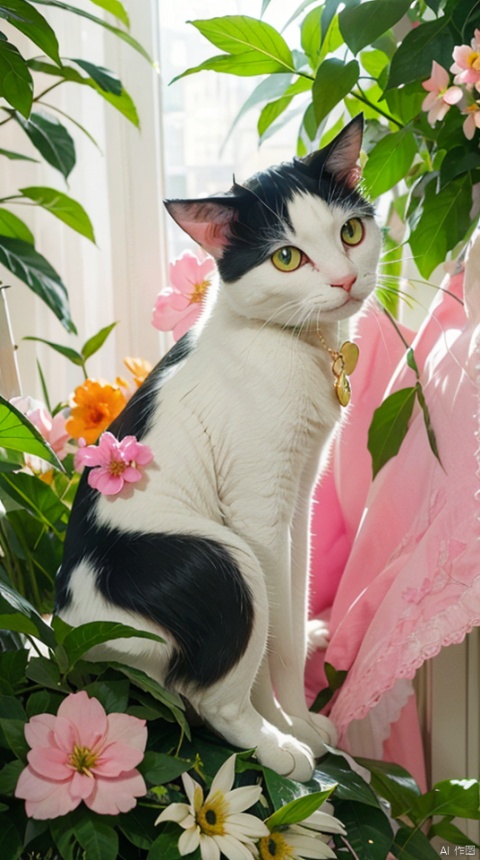 cow cat,orange eyes, solo,gold pendant,look at the viewer, colour flowers,no human,floating pink flowers,ethereal atmosphere,colorful bubblep,lush vegetation