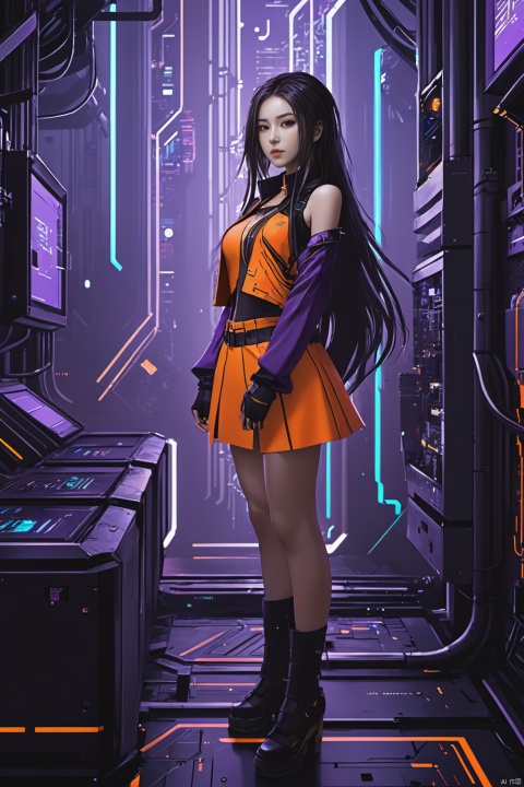 1girl, Mechanical, Full Body,Very long hair,Off shoulder orange vest, chest, purple skirtfrom above,Orange vest,Cyberpunk Background, Looking at the viewer, Circuit Board,