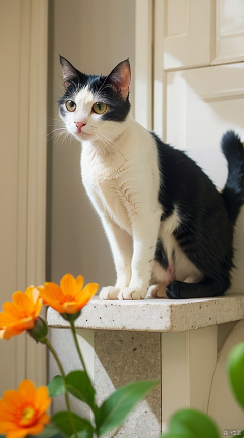 cow cat,orange eyes, solo,colour flowers,