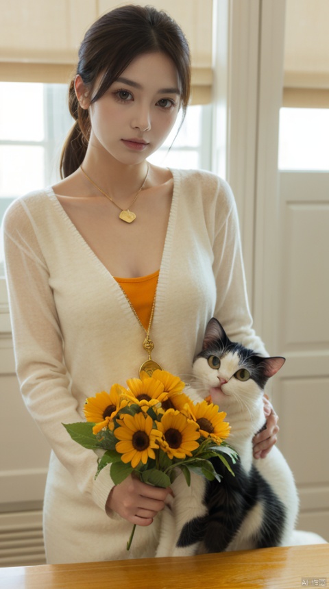 cow cat,orange eyes, solo,gold pendant,colour flowers,