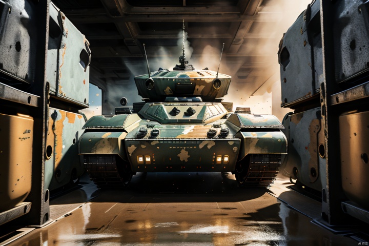  masterpiece, best quality,breathtaking perspectives, movie stills, ((the complete picture of five modern main battle tanks, coming from the front)),with sturdy armor and powerful firepower, wide tracks, towering turrets and thick armor plates, 1 machine gun,as well as patterns and details on the tracks, camouflage coating, metallic texture, background with explosive smoke, scattered shells, and enemy tanks in the distance