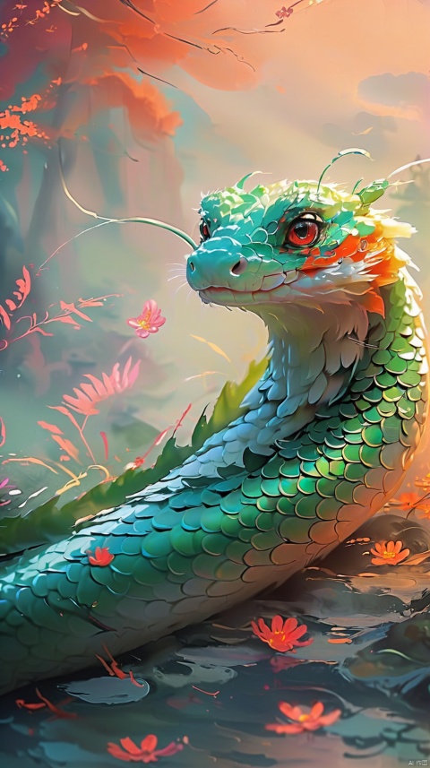  A small snake with white scales, with bright and vivid big green eyes. Close ups of the eyes, facing the camera,full body, grass, orange flowers, floating pink petals, red sky, and distant pavilions and towers