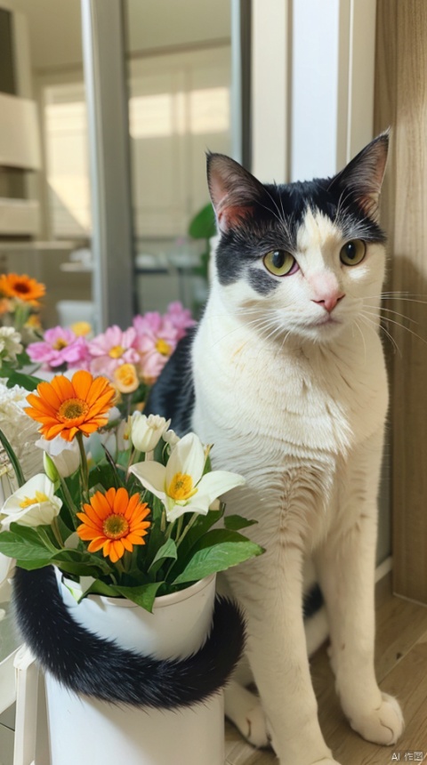 cow cat,orange eyes, solo,colour flowers,