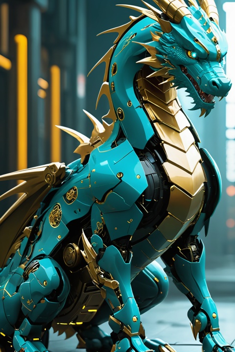 A Chinese cyan dragon, mecha, the whole body,There are golden scales on the chest,on all fours,facing the viewer,surround by the cyberpunk background, circuit