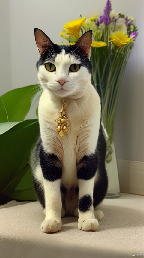 cow cat,orange eyes, solo,gold pendant,colour flowers,