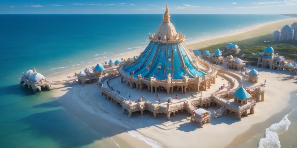  tilt shift, big sand sculpture on beach, excellent lighting, super detail, depth of field, masterpiece, best quality, ((high saturation)),((ultra-detailed)), ((miniature_girl), (Satin tone hanfu))