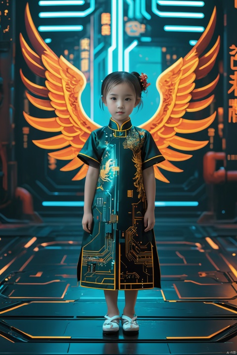 
a Five-year-old girl, Mechanical, Full Body,Wearing a bun and a phoenix patterned qipao,Cyberpunk Background, Looking at the viewer, Circuit Board,
