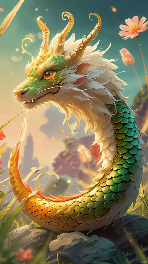  A small snake with white scales, wearing a golden crown on its head, with bright and vivid big green eyes. Close ups of the eyes, facing the camera,full body, grass, orange flowers, floating pink petals, red sky, and distant pavilions and towers